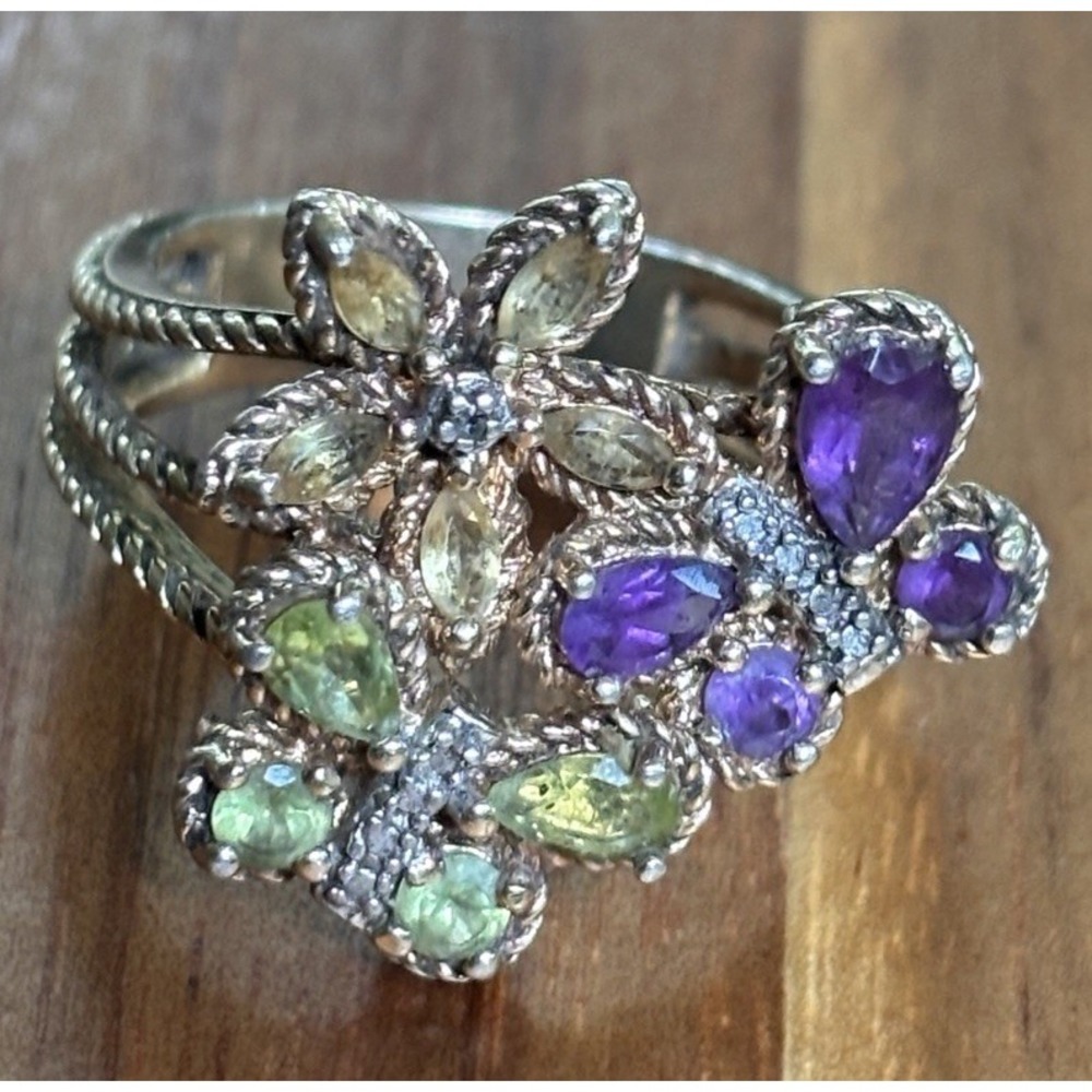 Ross Simons Sterling Silver Multi-gem Butterfly And Flower Ring Size 9.75